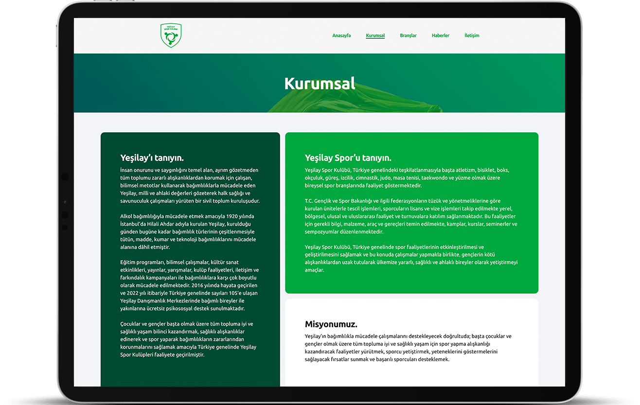 Yeşilay Spor Web Sayfası Tablet